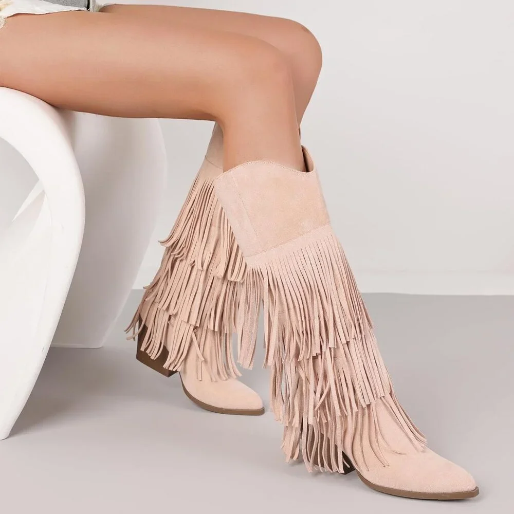 Women's Apricot Retro Pointed Toe Pull On Block Chunky Heel Fringe Country